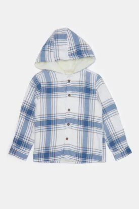 Infant Boys Blue And White Checkered Hooded Shirt