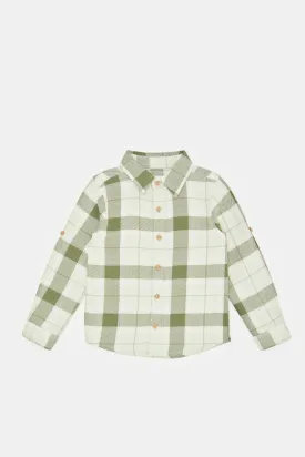 Infant Boys White And Green Checkered Shirt With T-Shirt (2 Piece)