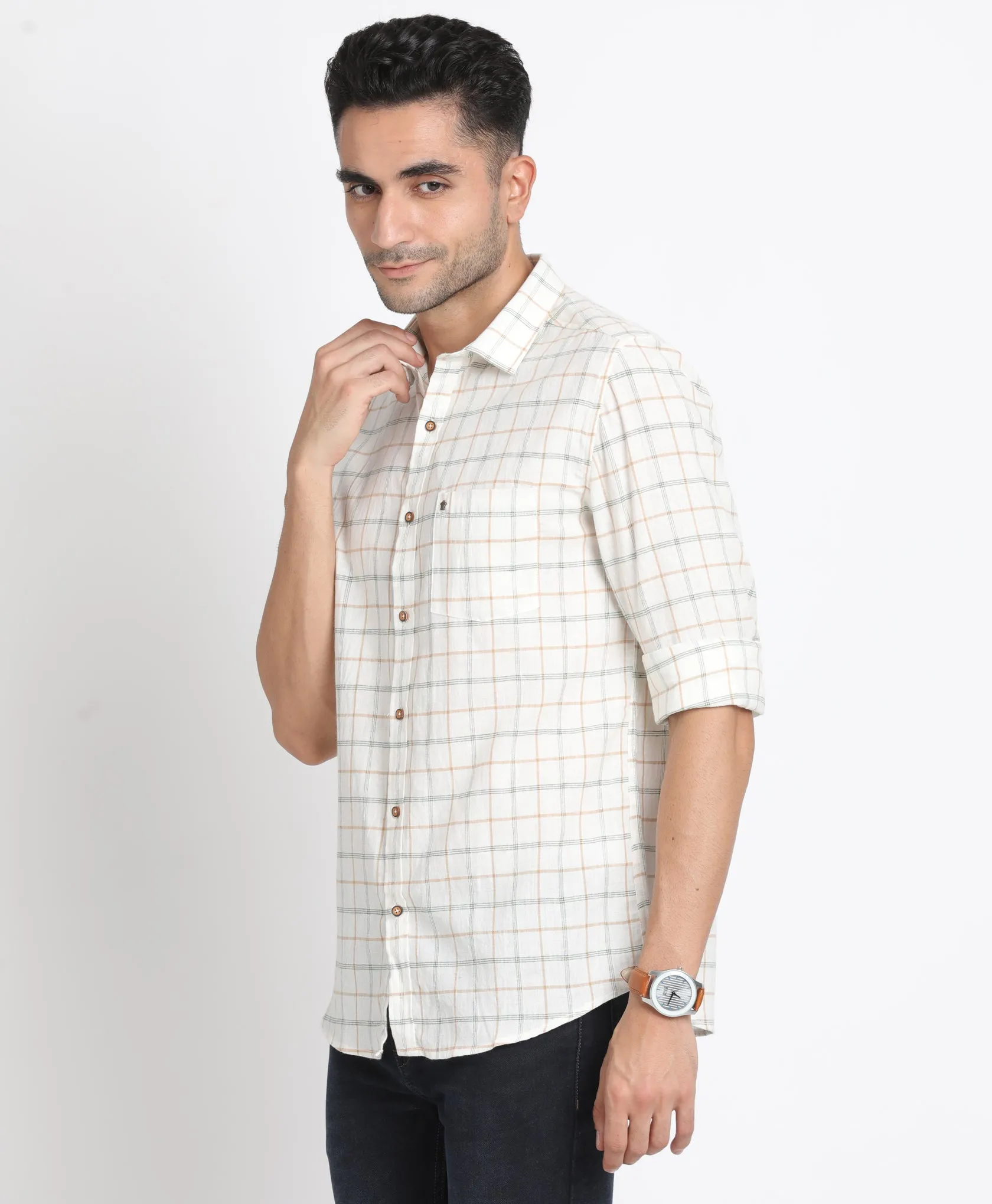 Khadi Beige Checkered Slim Fit Full Sleeve Casual Shirt