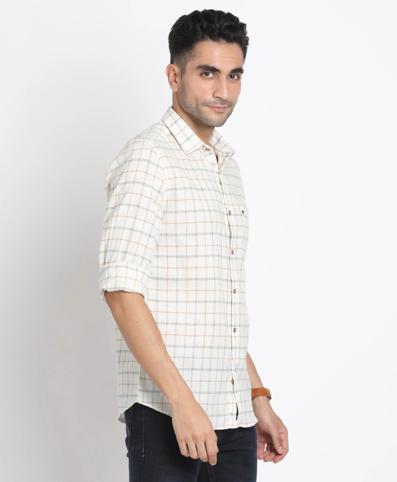 Khadi Beige Checkered Slim Fit Full Sleeve Casual Shirt