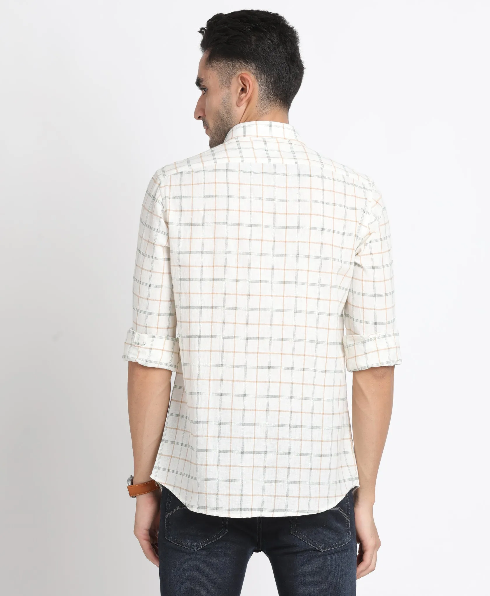 Khadi Beige Checkered Slim Fit Full Sleeve Casual Shirt