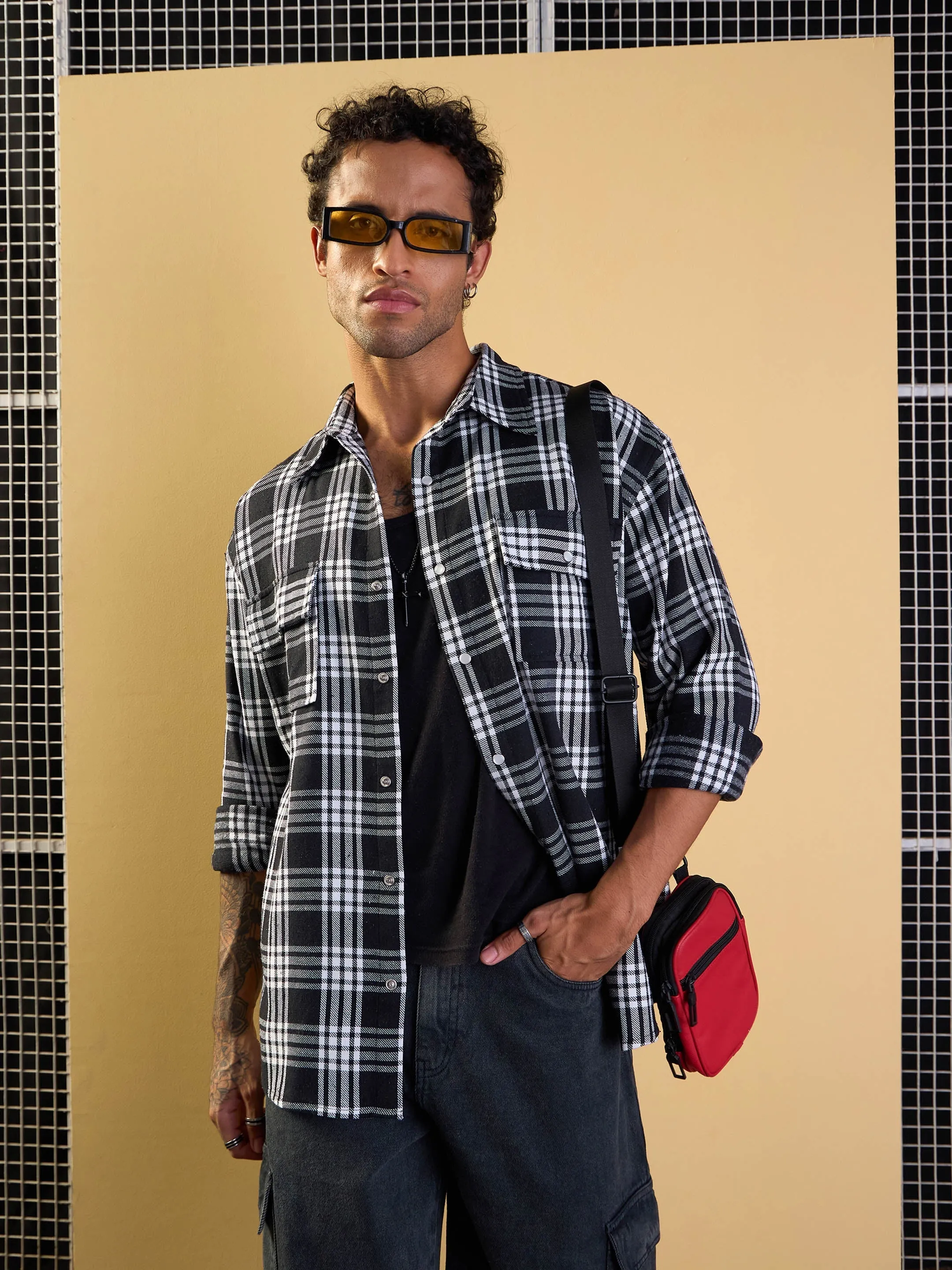 Men Black & White Check Flap Pocket Oversize Shirt