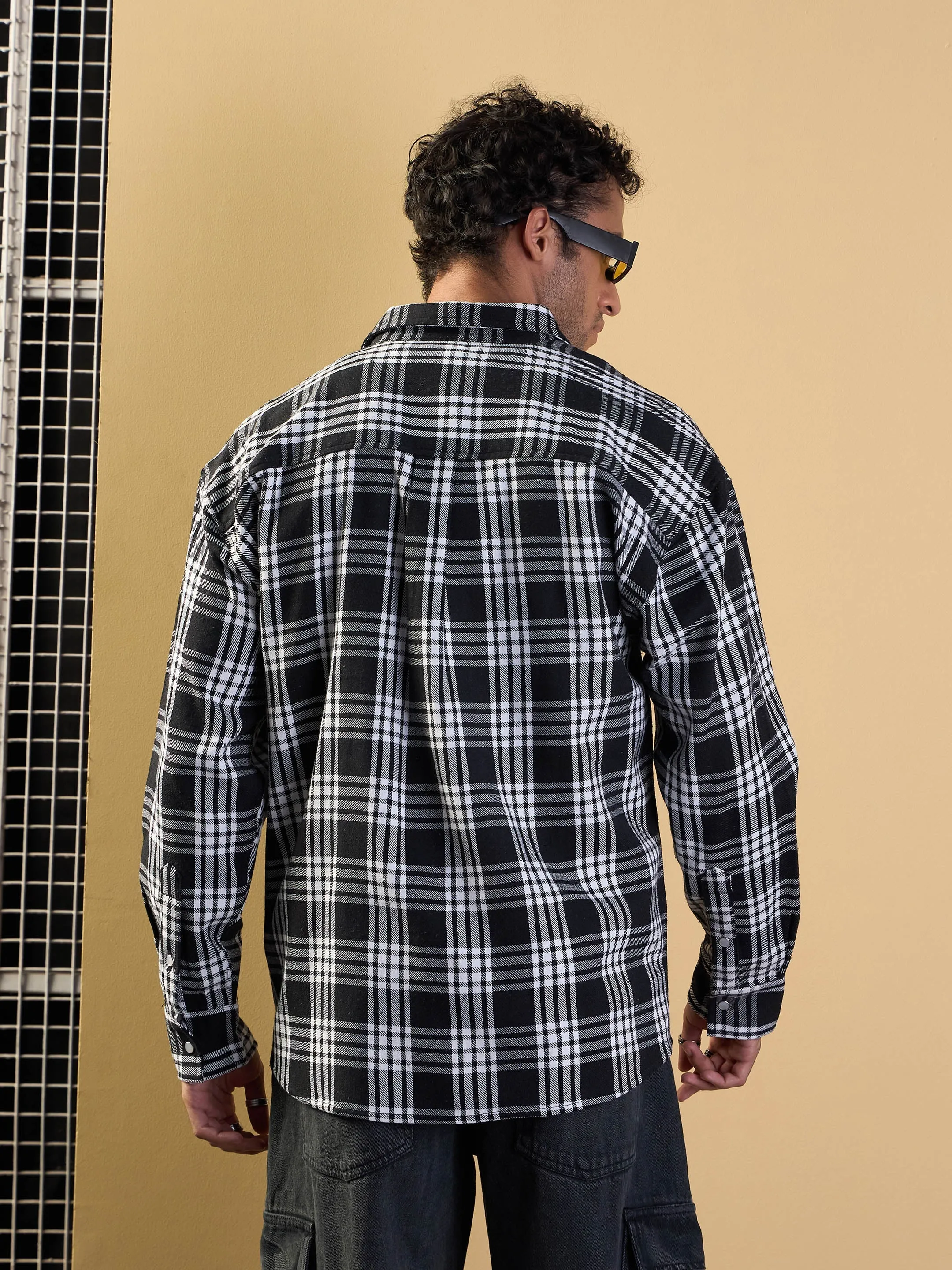 Men Black & White Check Flap Pocket Oversize Shirt