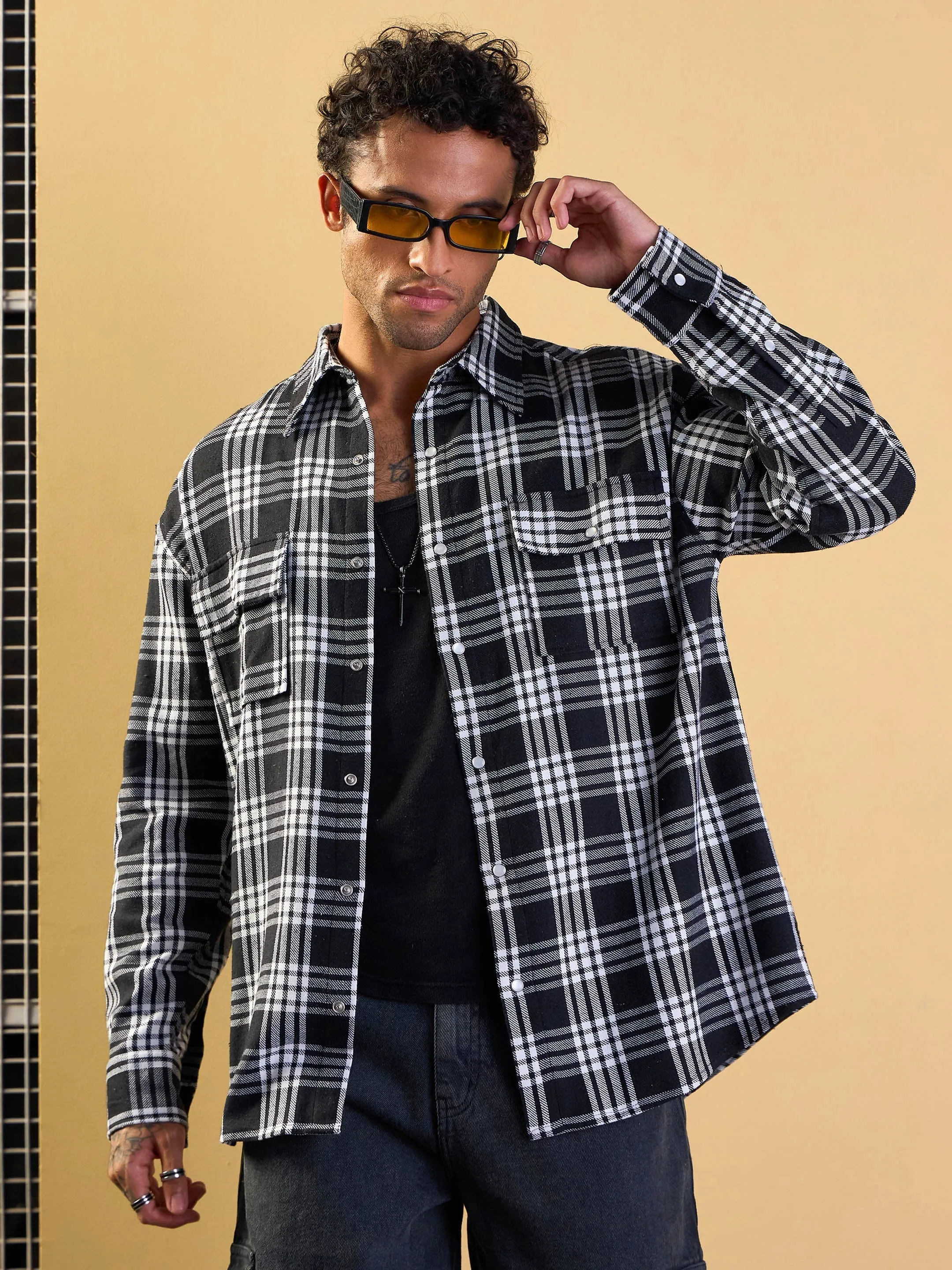 Men Black & White Check Flap Pocket Oversize Shirt