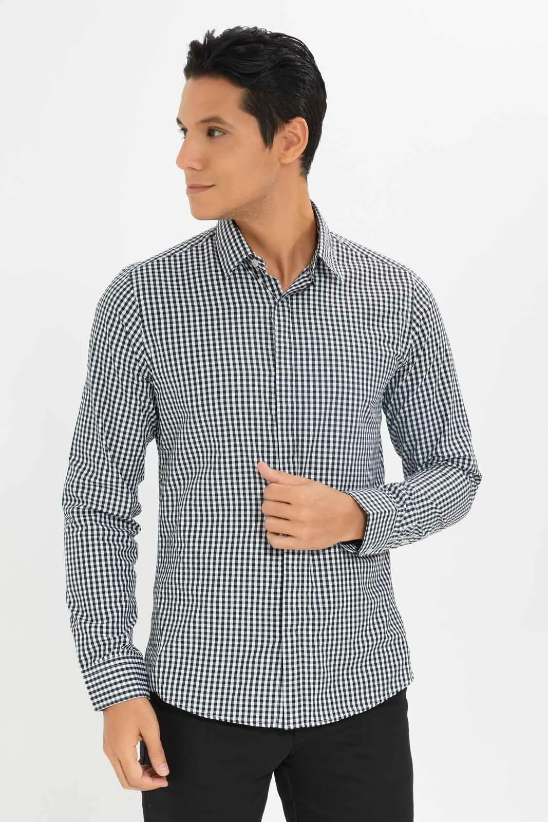 Men White And Black Checkered Formal Shirt