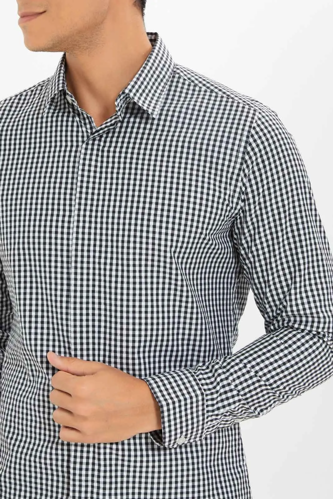 Men White And Black Checkered Formal Shirt