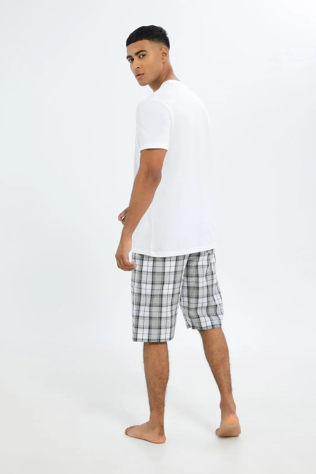 Men White Checkered Pyjama Set (2 Piece)