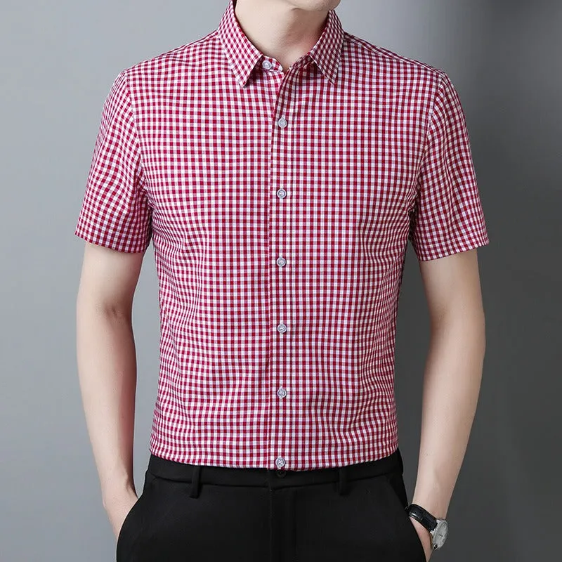 Men's Casual Short-Sleeved Lapel Shirt | 100% Cotton Checkered Cardigan