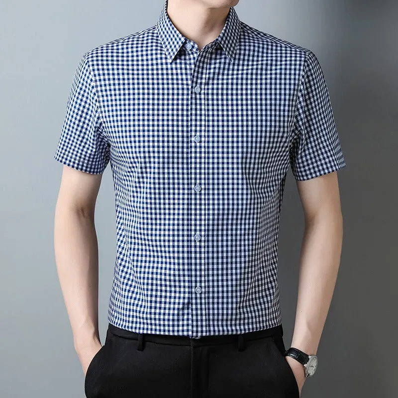 Men's Casual Short-Sleeved Lapel Shirt | 100% Cotton Checkered Cardigan