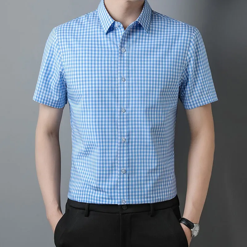 Men's Casual Short-Sleeved Lapel Shirt | 100% Cotton Checkered Cardigan