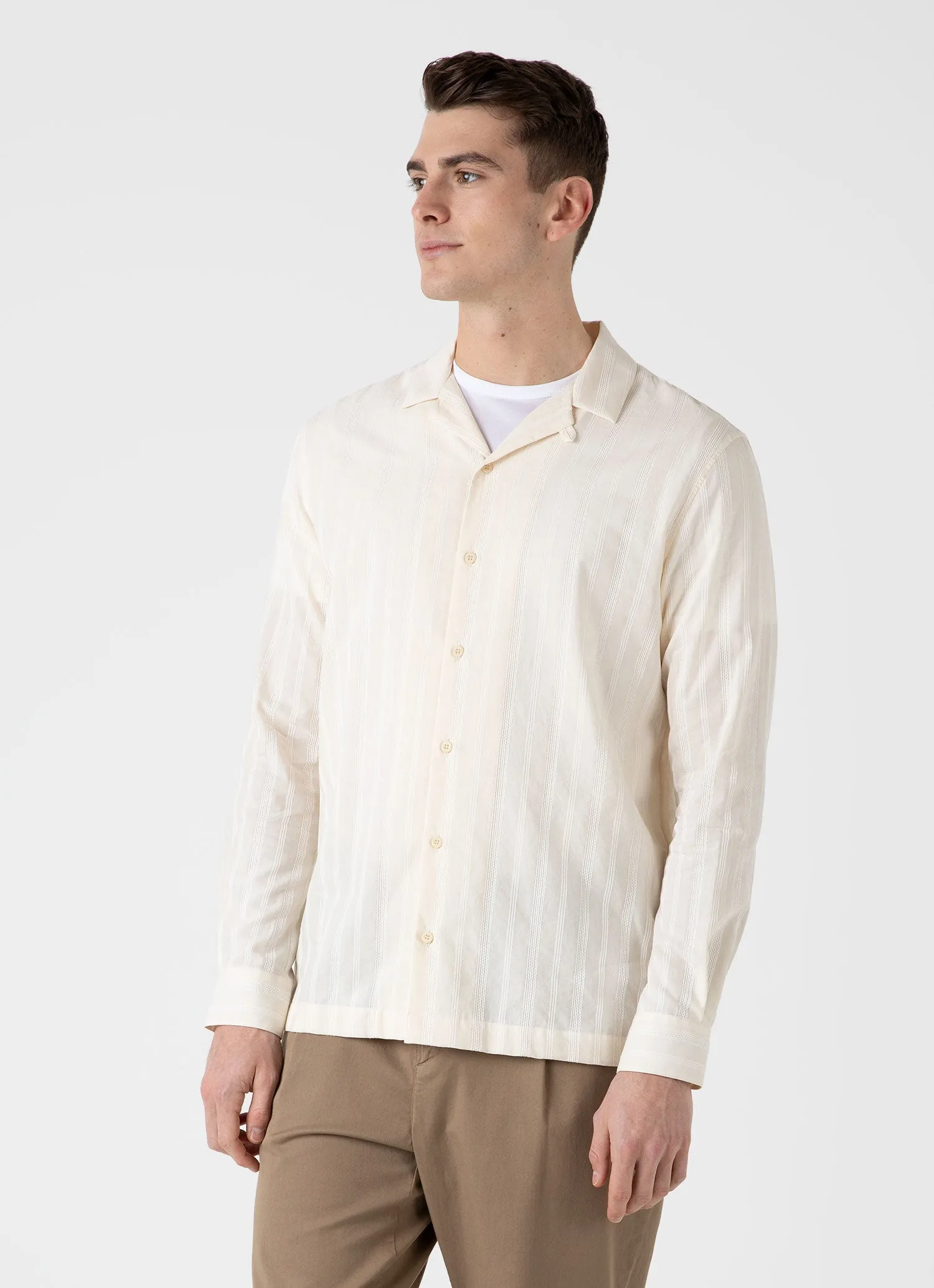 Men's Embroidered Stripe Long Sleeve Shirt in Ecru