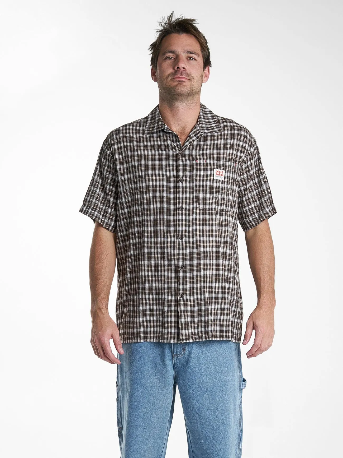 Mens Hard Yakka X Thrills Short Sleeve Check Shirt - Postal Brown