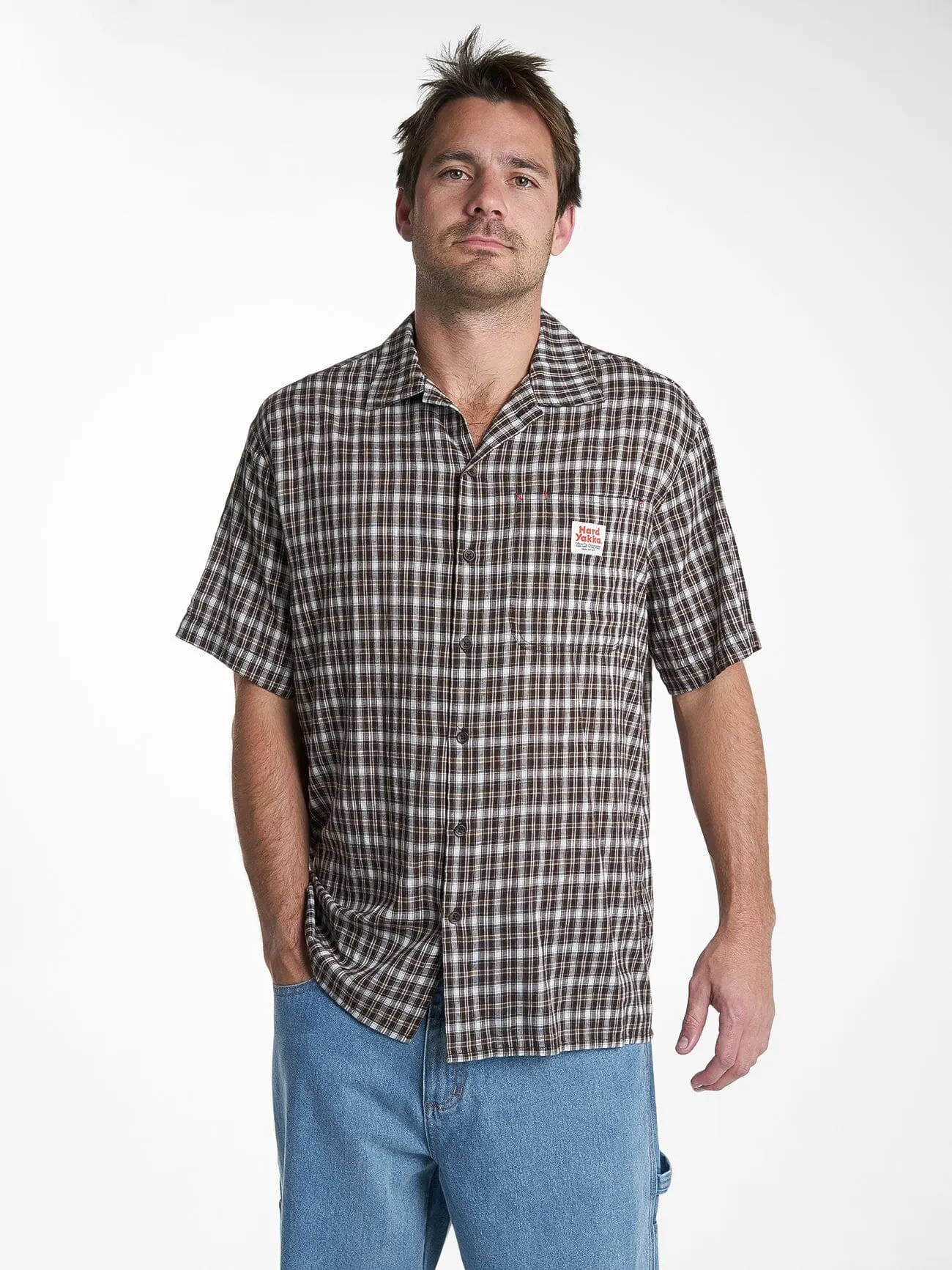 Mens Hard Yakka X Thrills Short Sleeve Check Shirt - Postal Brown