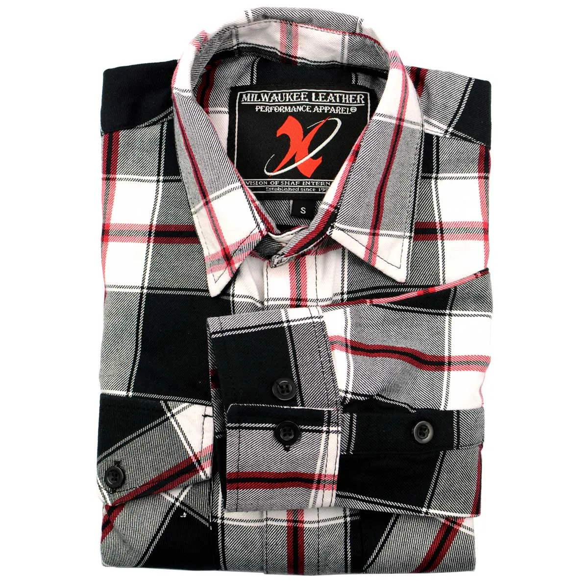 Milwaukee Leather MNG11625 Men's Flannel Plaid Black and White with Red Long Sleeve Cotton Button Down Shirt