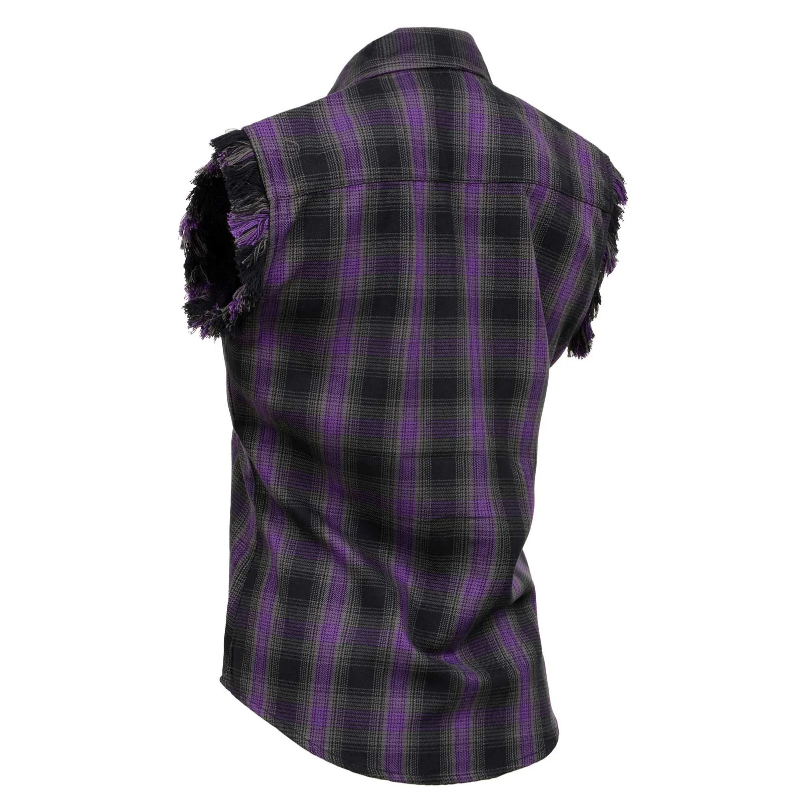 Milwaukee Leather MNG21624 Women's Flannel Black/Purple Button Sleeveless Cut Off Shirt w/ Frill Arms