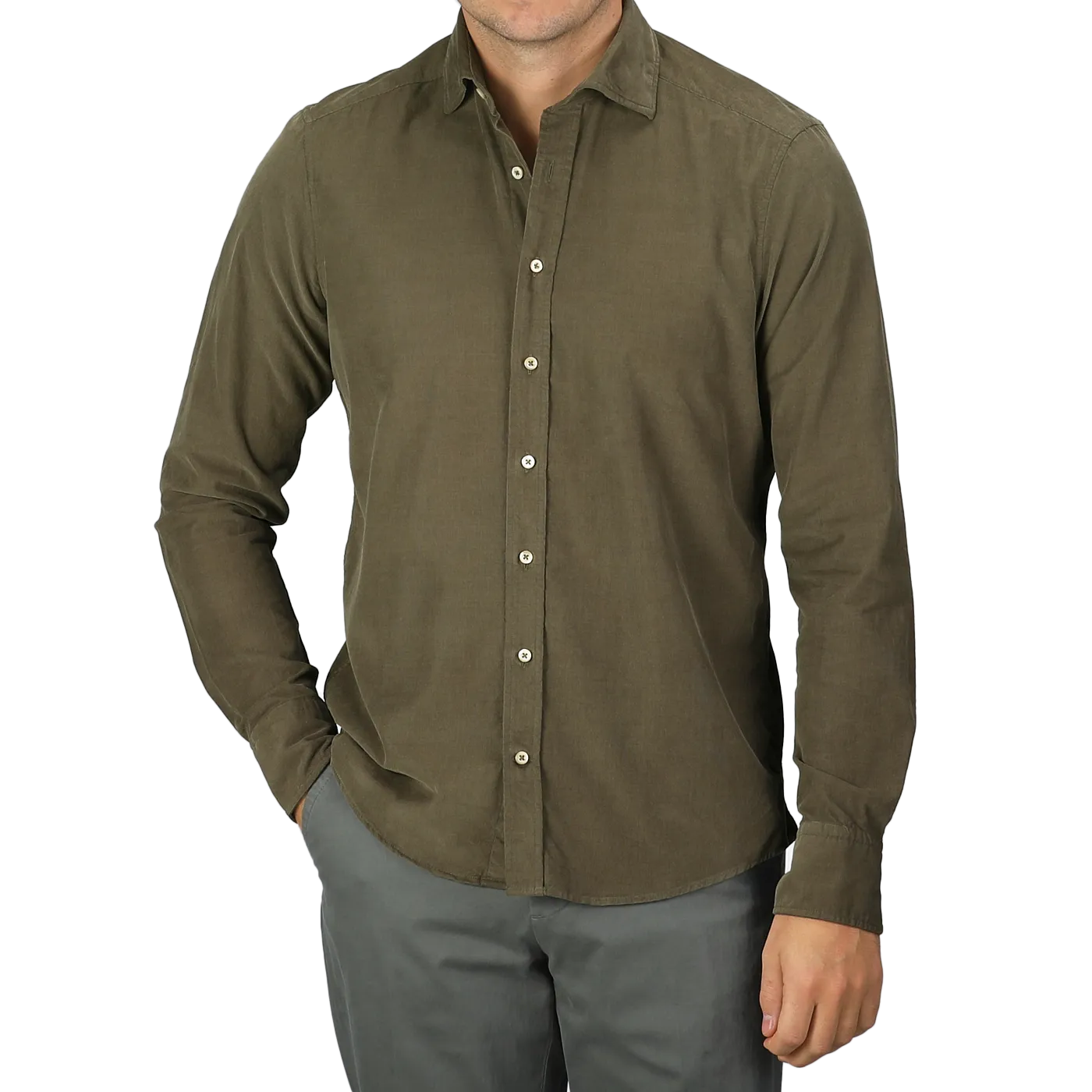 Moss Green Cotton Corduroy Slimline Shirt