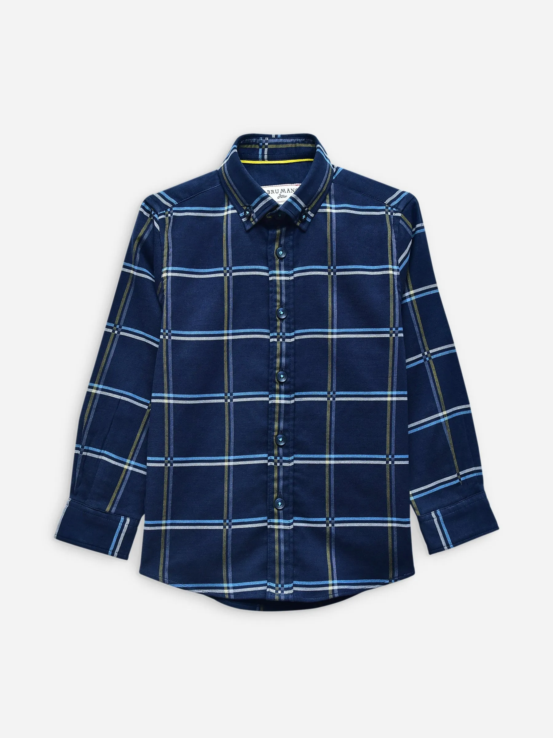 Navy Blue Windowpane Checkered Long Sleeve Casual Shirt