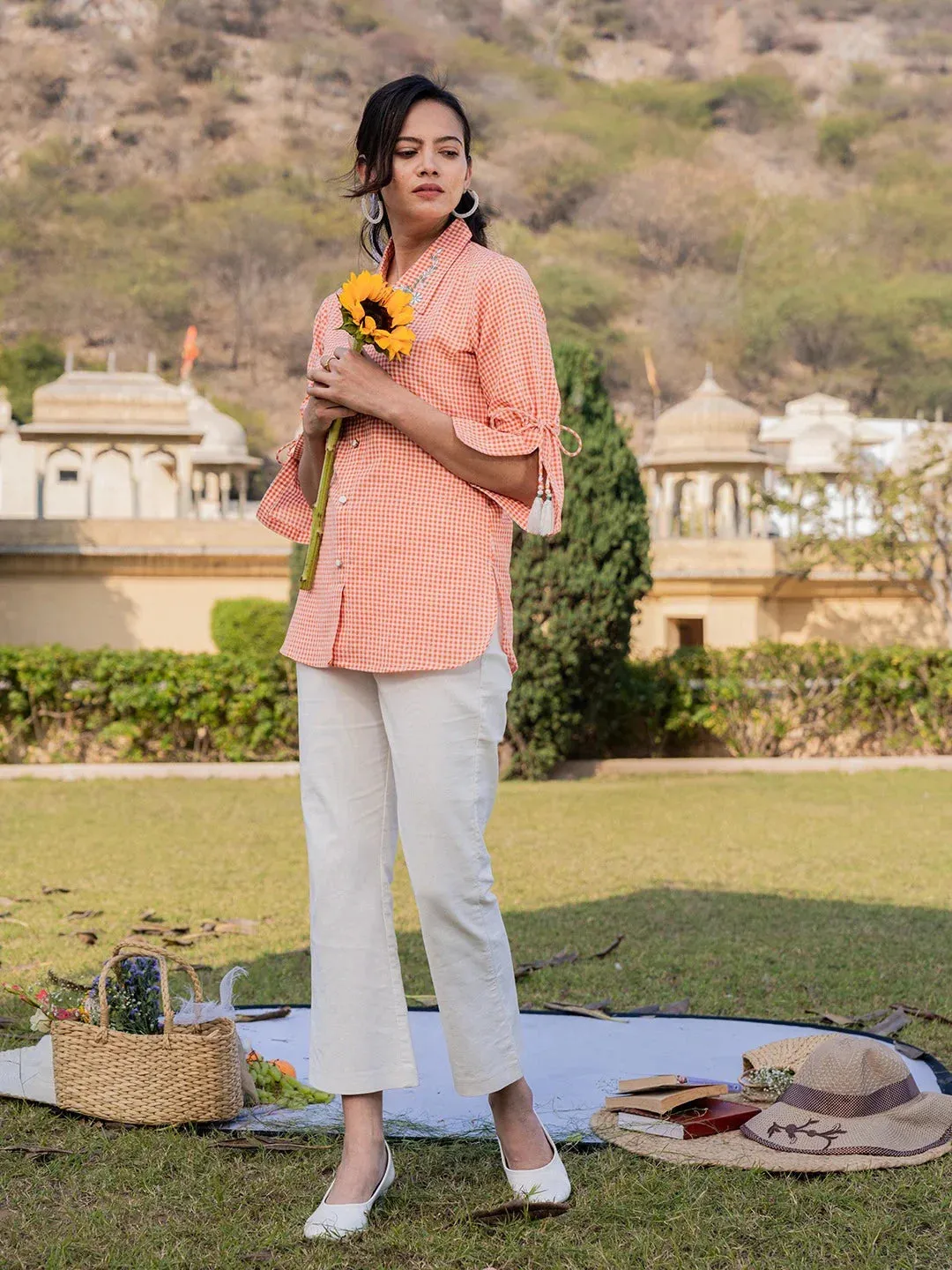 Orange Cotton Shirt Style Checked Printed Top with Embroidery Detailing