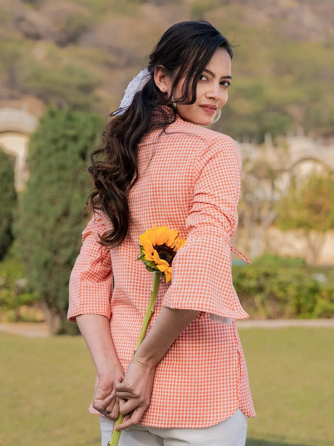 Orange Cotton Shirt Style Checked Printed Top with Embroidery Detailing