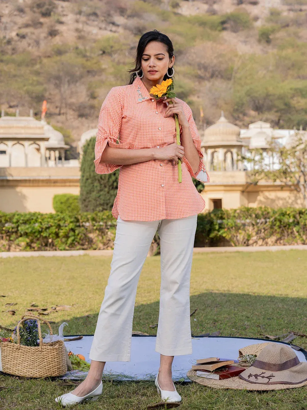 Orange Cotton Shirt Style Checked Printed Top with Embroidery Detailing