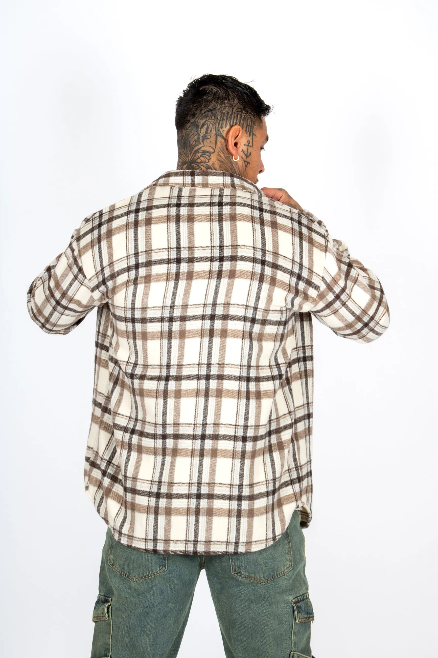 Oversized Beige Zip-Up Flannel Shirt