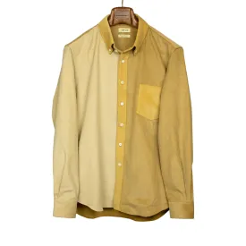 Paneled button down shirt in color blocked beige and golden cotton corduroy