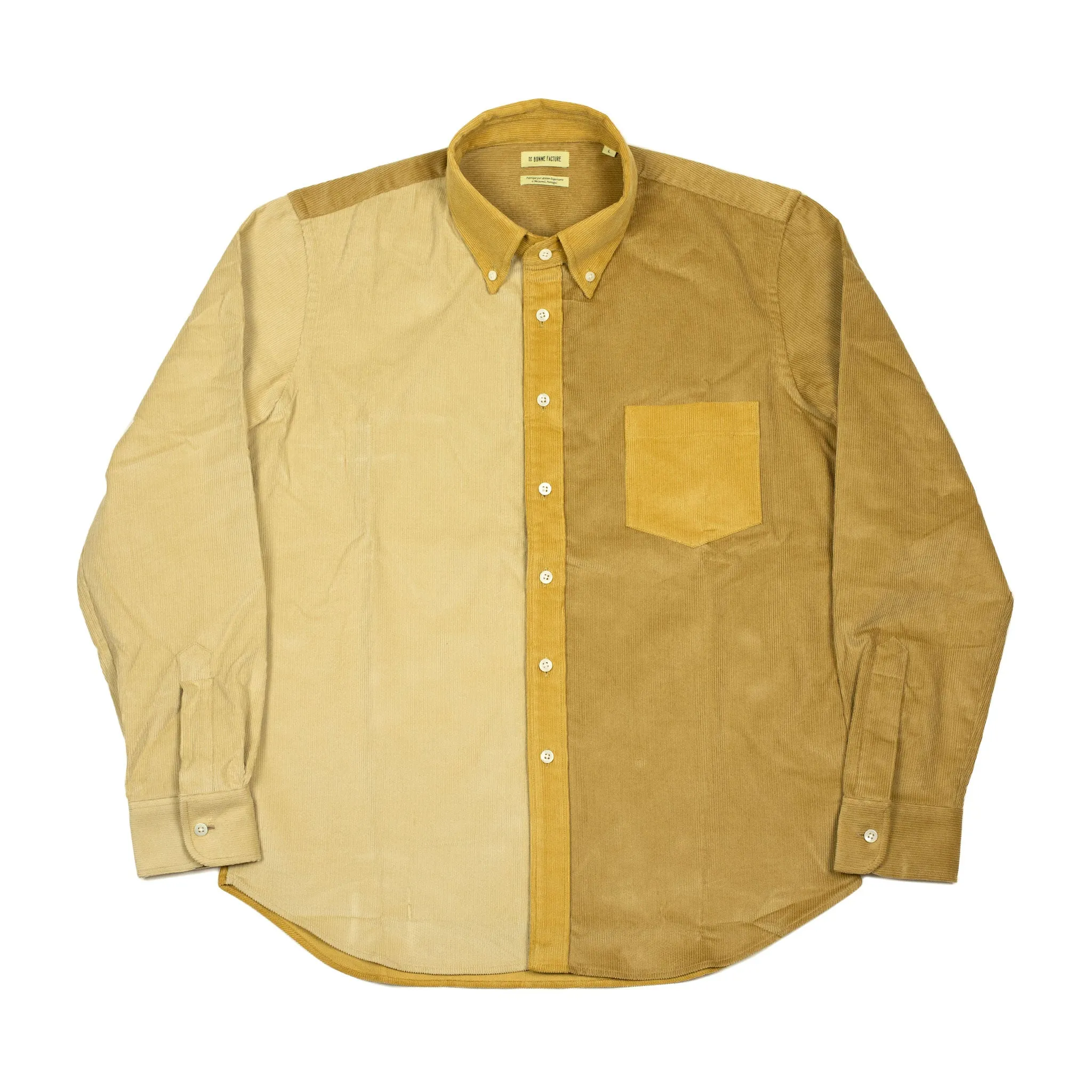 Paneled button down shirt in color blocked beige and golden cotton corduroy