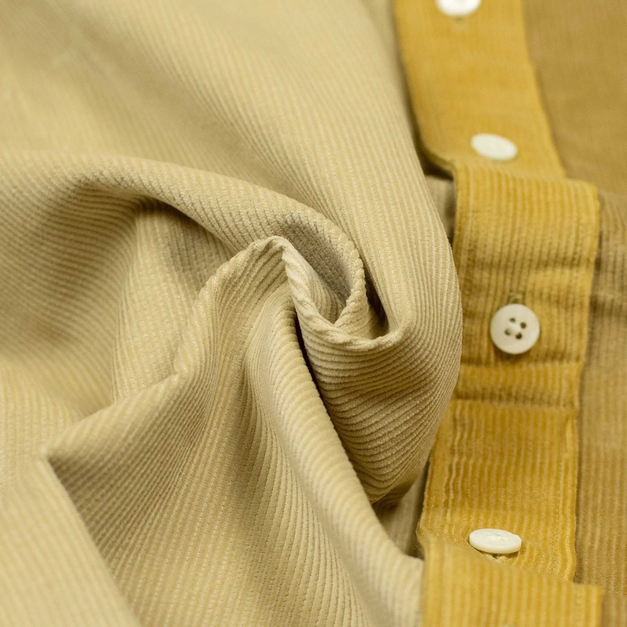 Paneled button down shirt in color blocked beige and golden cotton corduroy