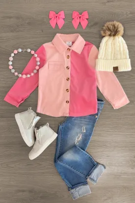 Pink Colorblock Corduroy Button Down Top