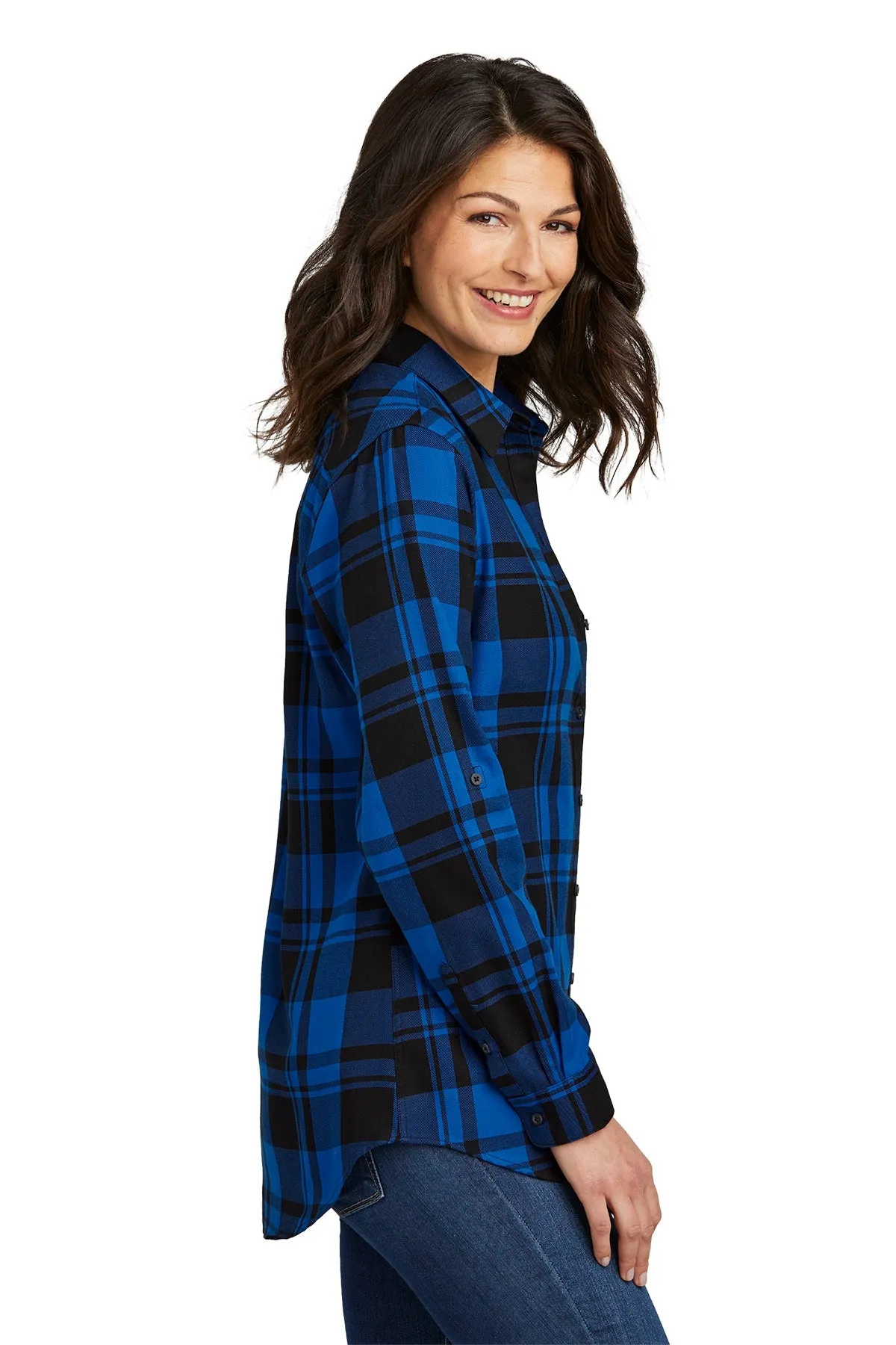 Port Authority Ladies Plaid Flannel Branded Tunics, Royal/ Black