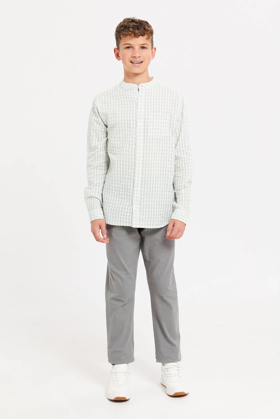 Senior Boys White And Mint Checkered Shirt