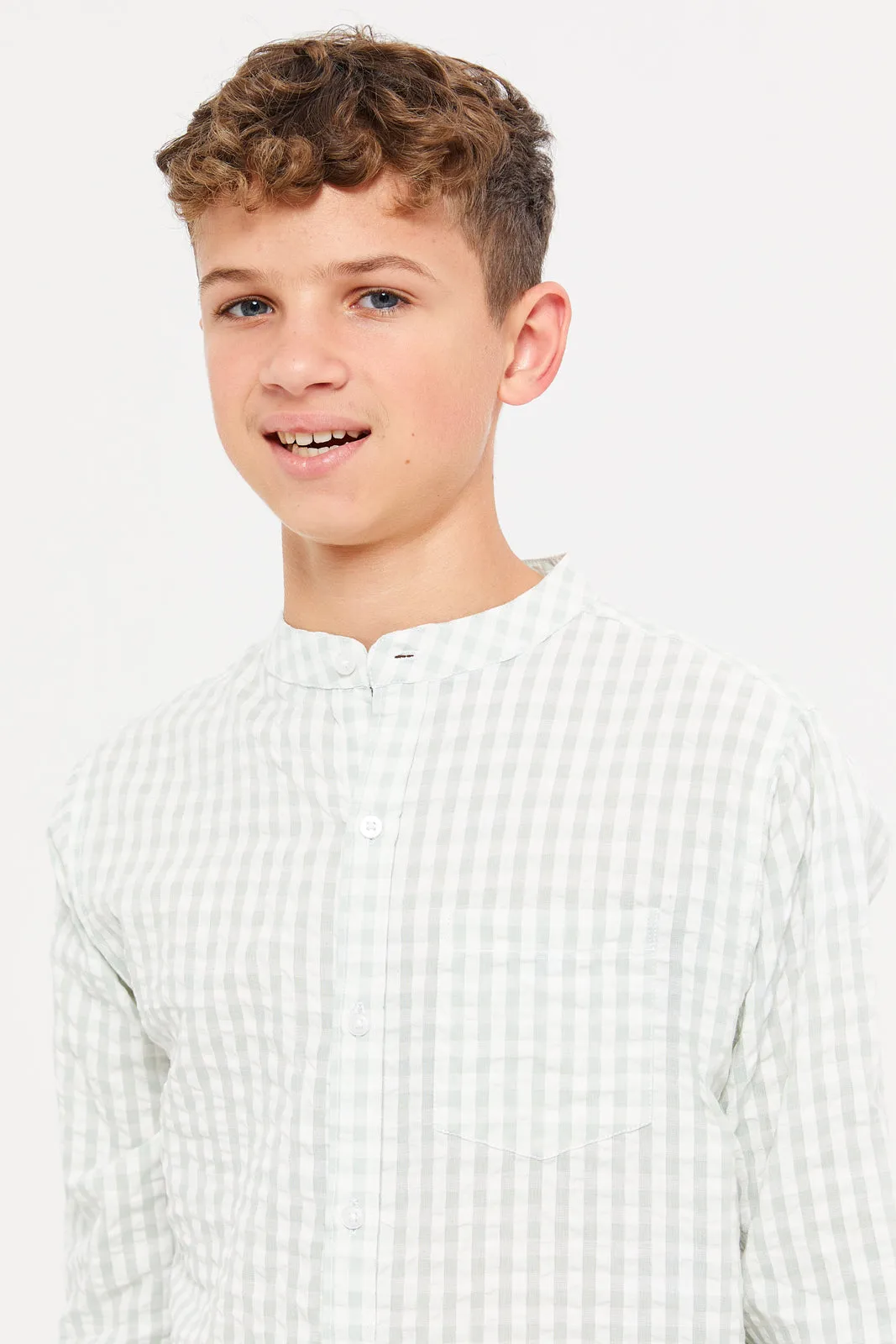 Senior Boys White And Mint Checkered Shirt