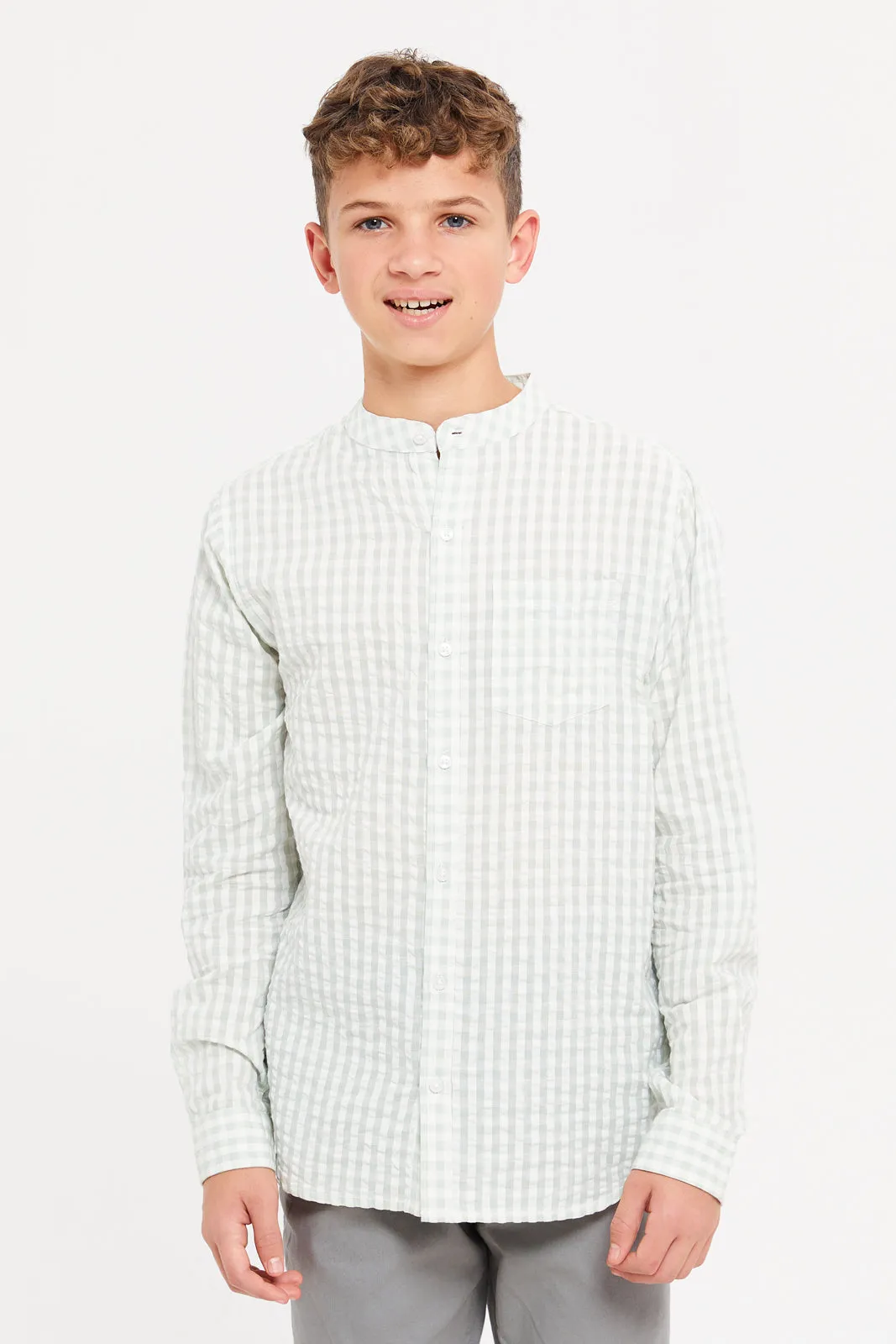 Senior Boys White And Mint Checkered Shirt