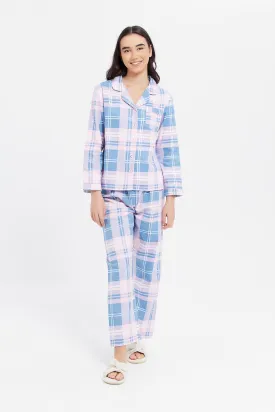 Senior Girls Blue And Pink Checkered Pyjama Set (2 Piece)