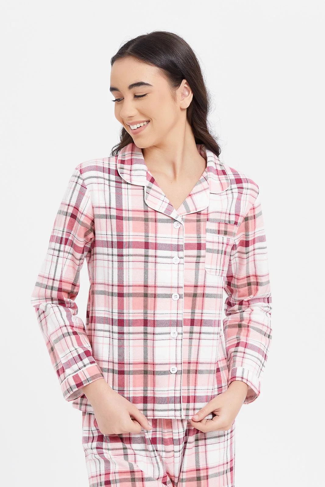 Senior Girls Pink And White Checkered Pyjama Set (2 Piece)