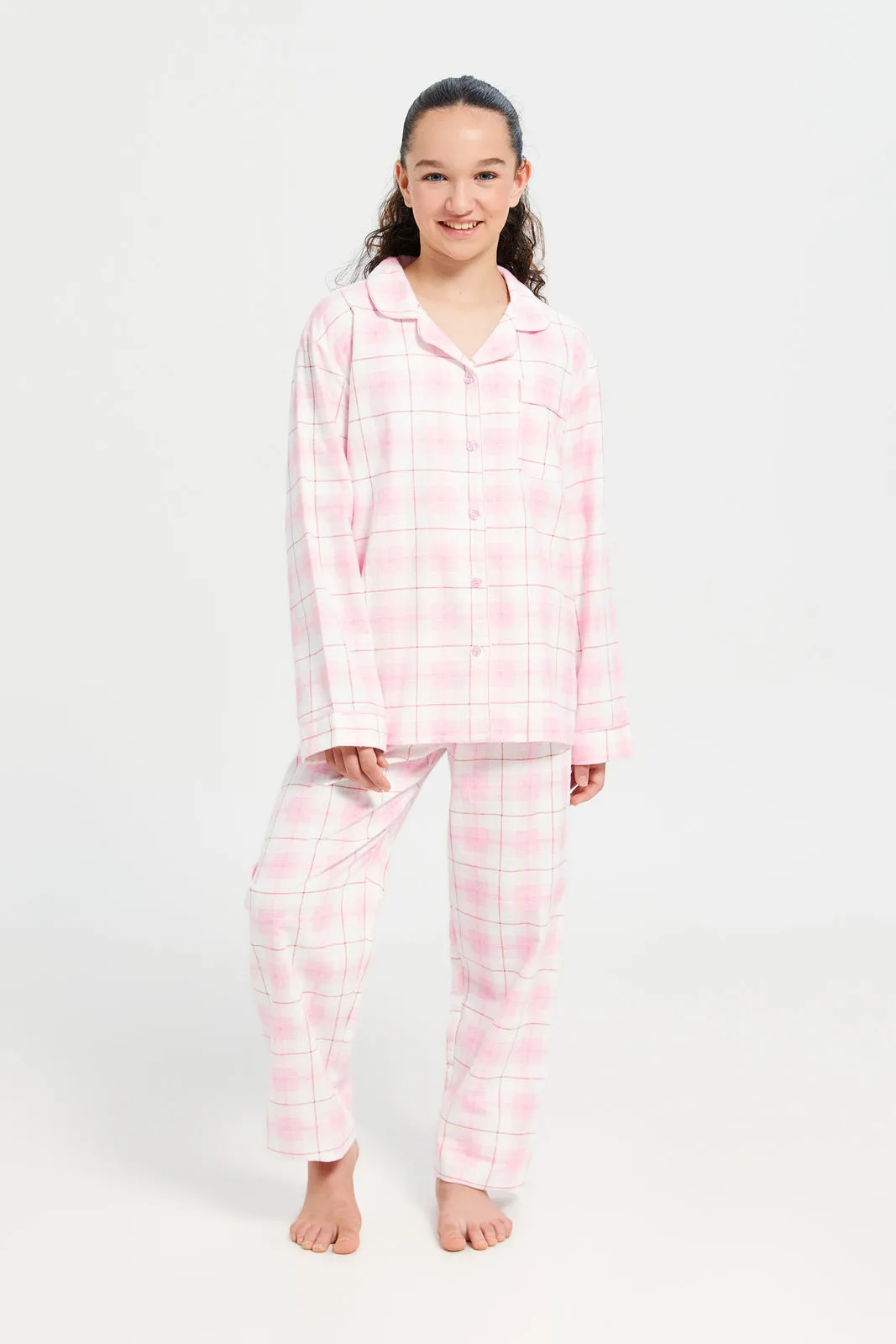 Senior Girls Pink And White Checkered Pyjama Set (2 Piece)