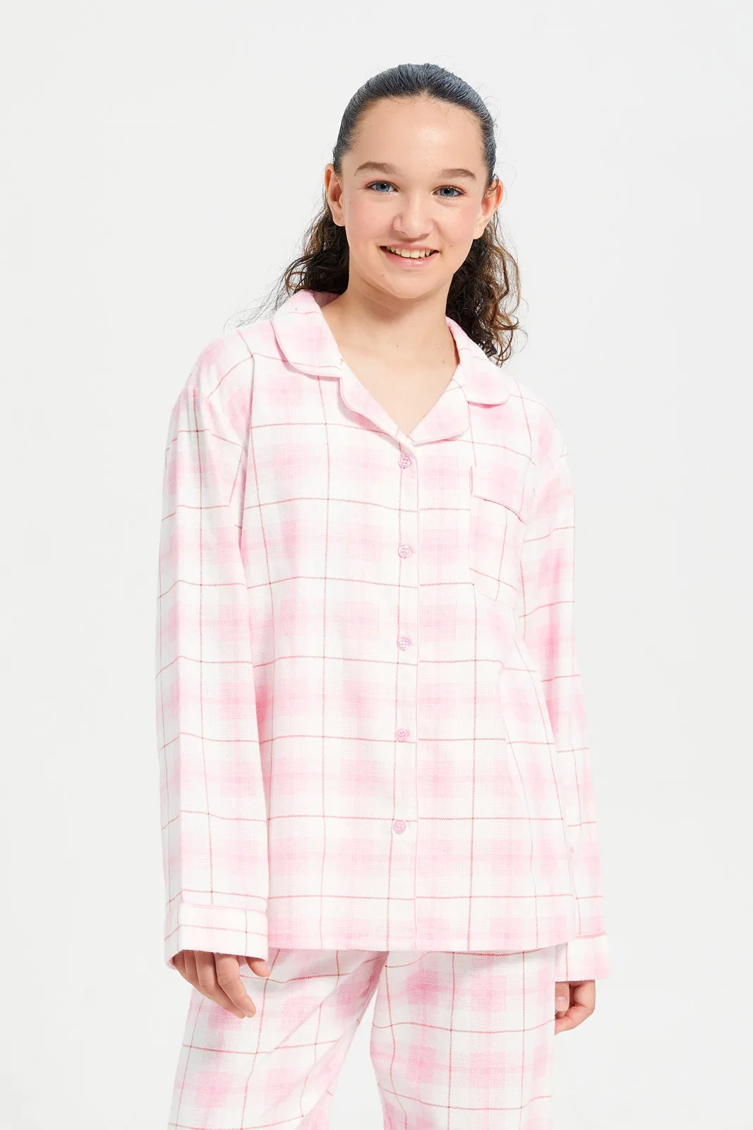 Senior Girls Pink And White Checkered Pyjama Set (2 Piece)