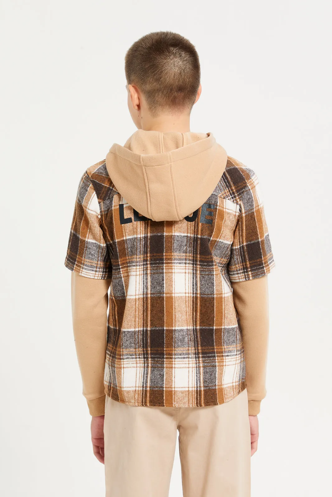 Senor Boys Brown Checkered Hooded Shirt