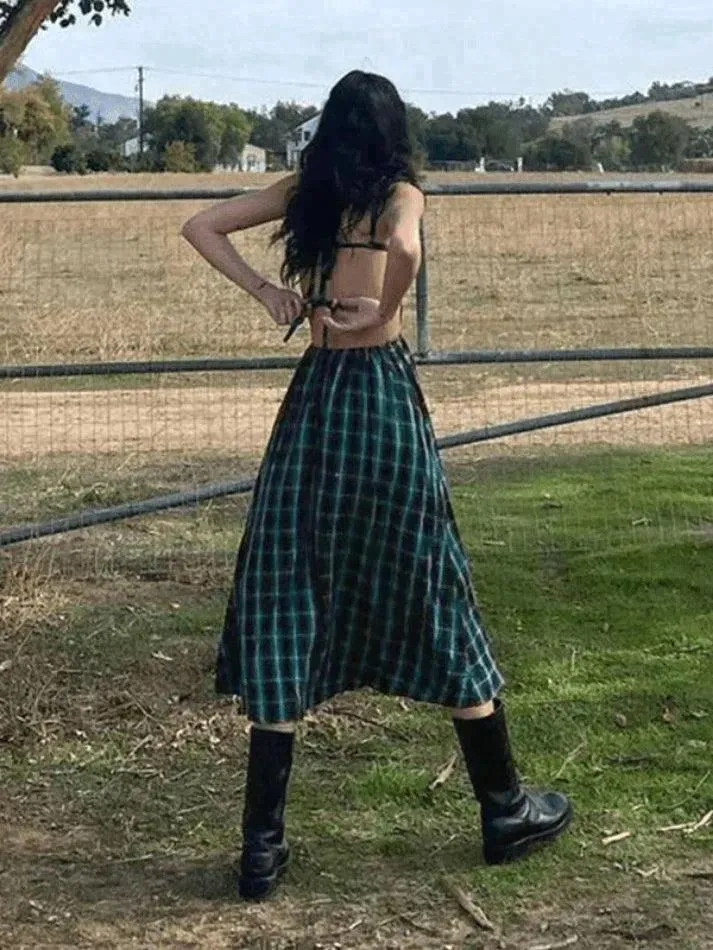 Uniwim Backless Green Checkered Maxi Dress