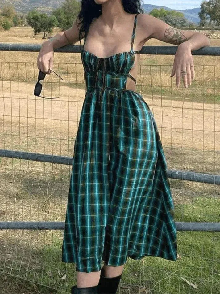 Uniwim Backless Green Checkered Maxi Dress