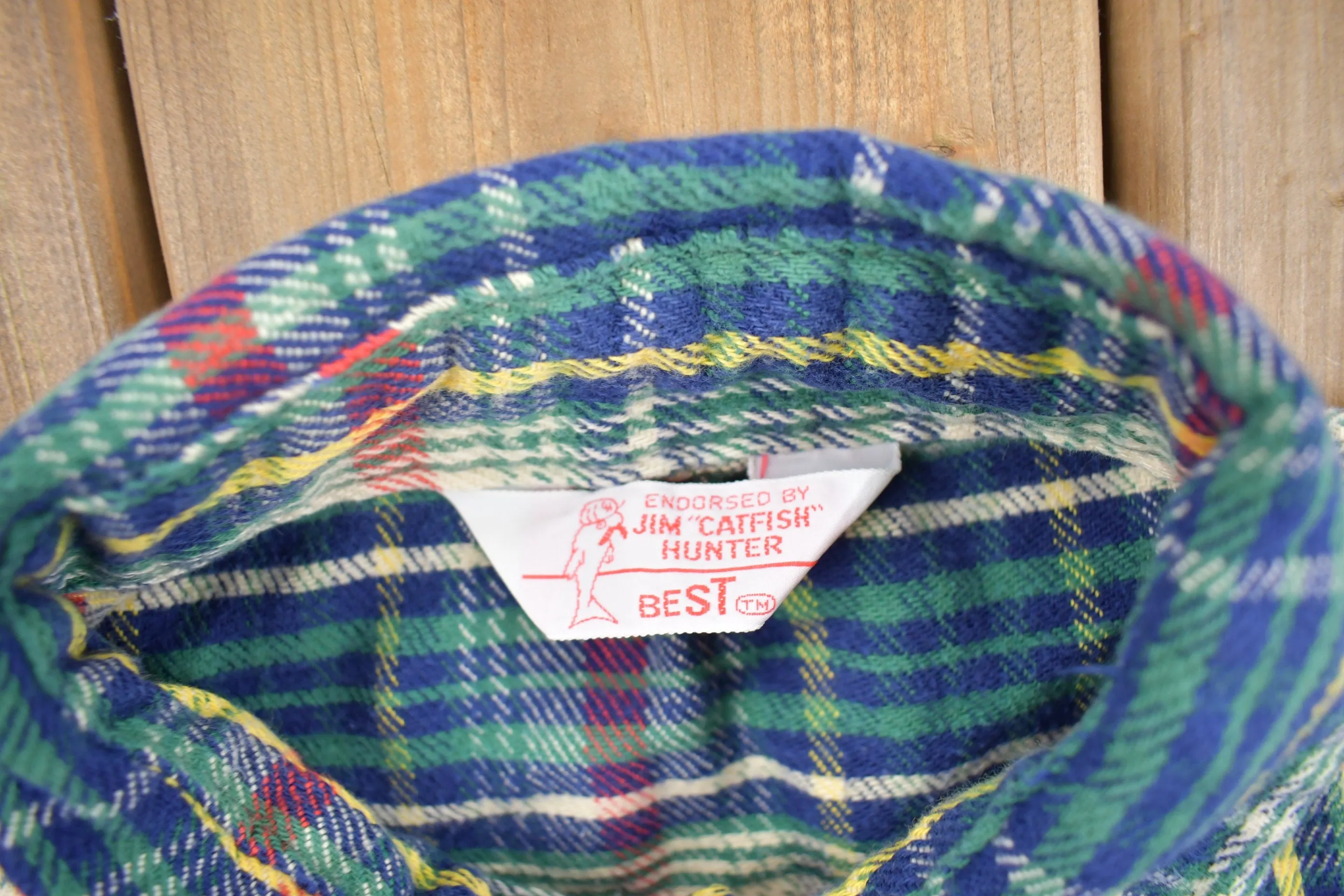 Vintage 1980s Jim "Catfish" Hunter Plaid Flannel Button Up Shirt