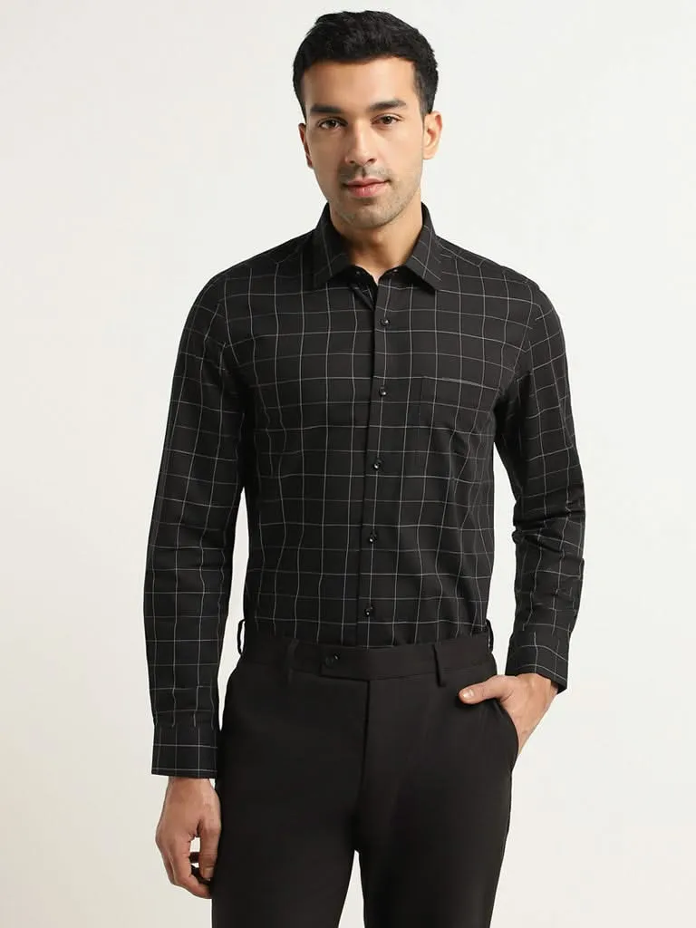 WES Formals Black Checkered Cotton Slim Fit Shirt