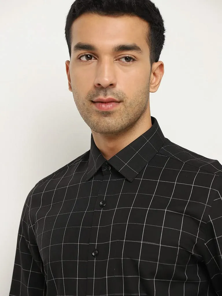 WES Formals Black Checkered Cotton Slim Fit Shirt