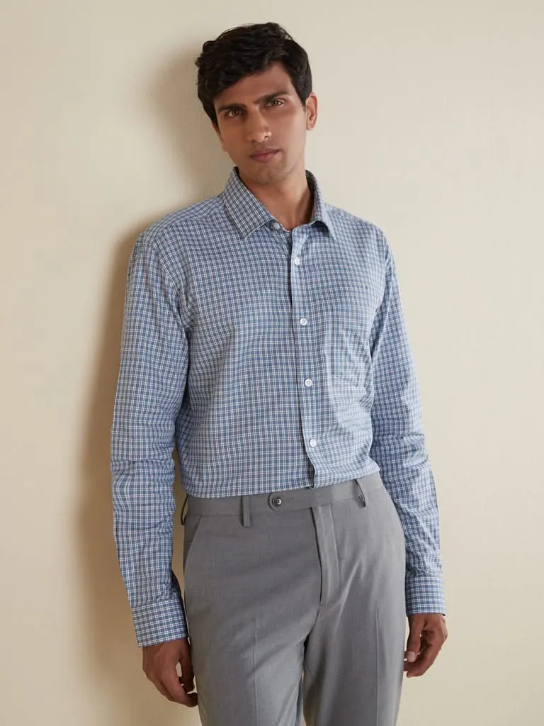 WES Formals  Blue Checkered Relaxed-Fit Shirt