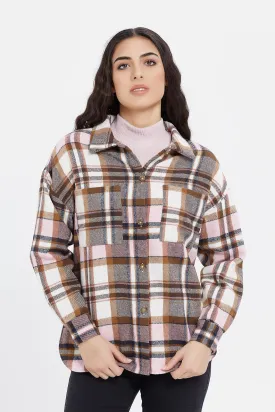 Women Beige And Brown Checkered Oversize Shirt