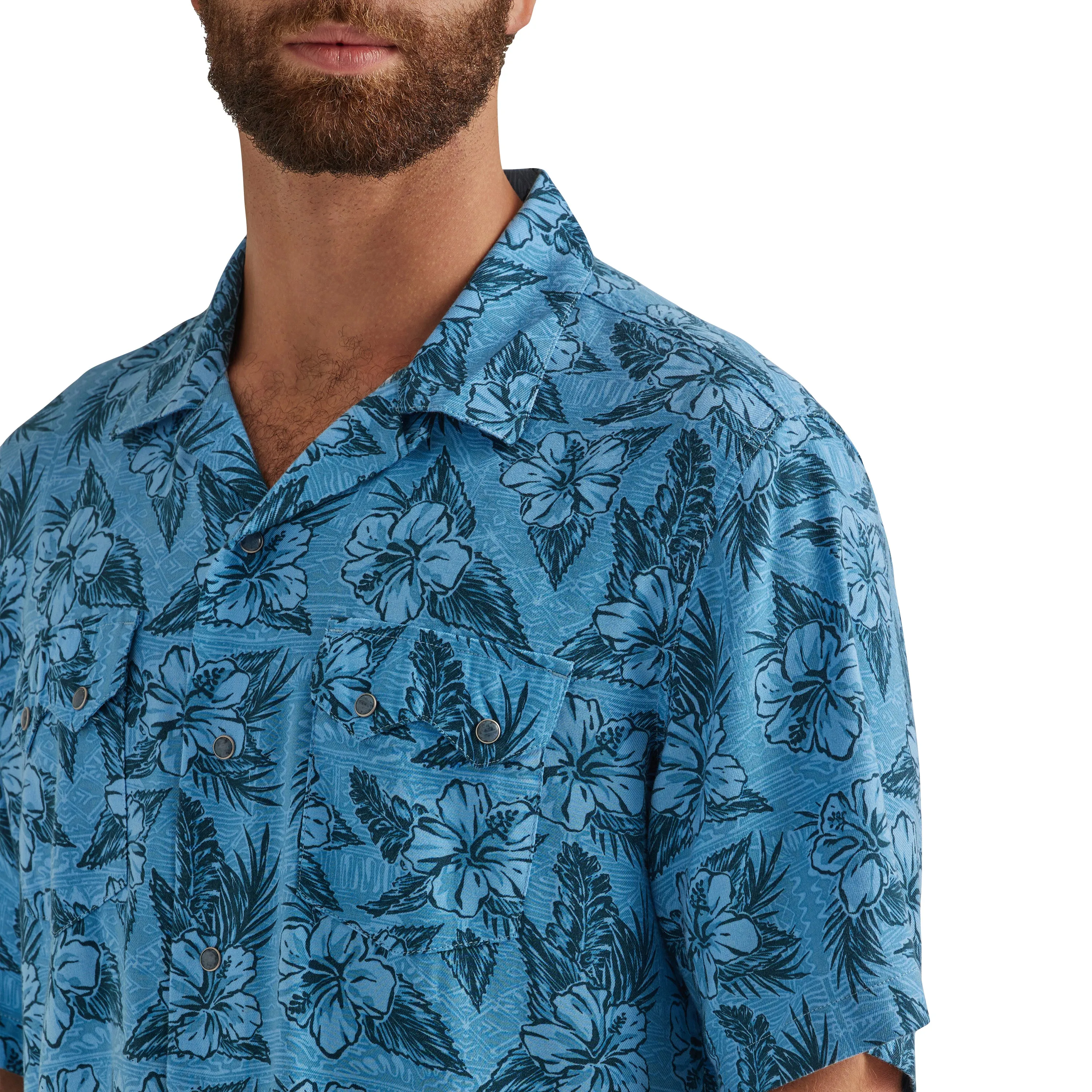 Wrangler Coconut Cowboy Blue Tropics Print Short Sleeve Snap Camp Shirt