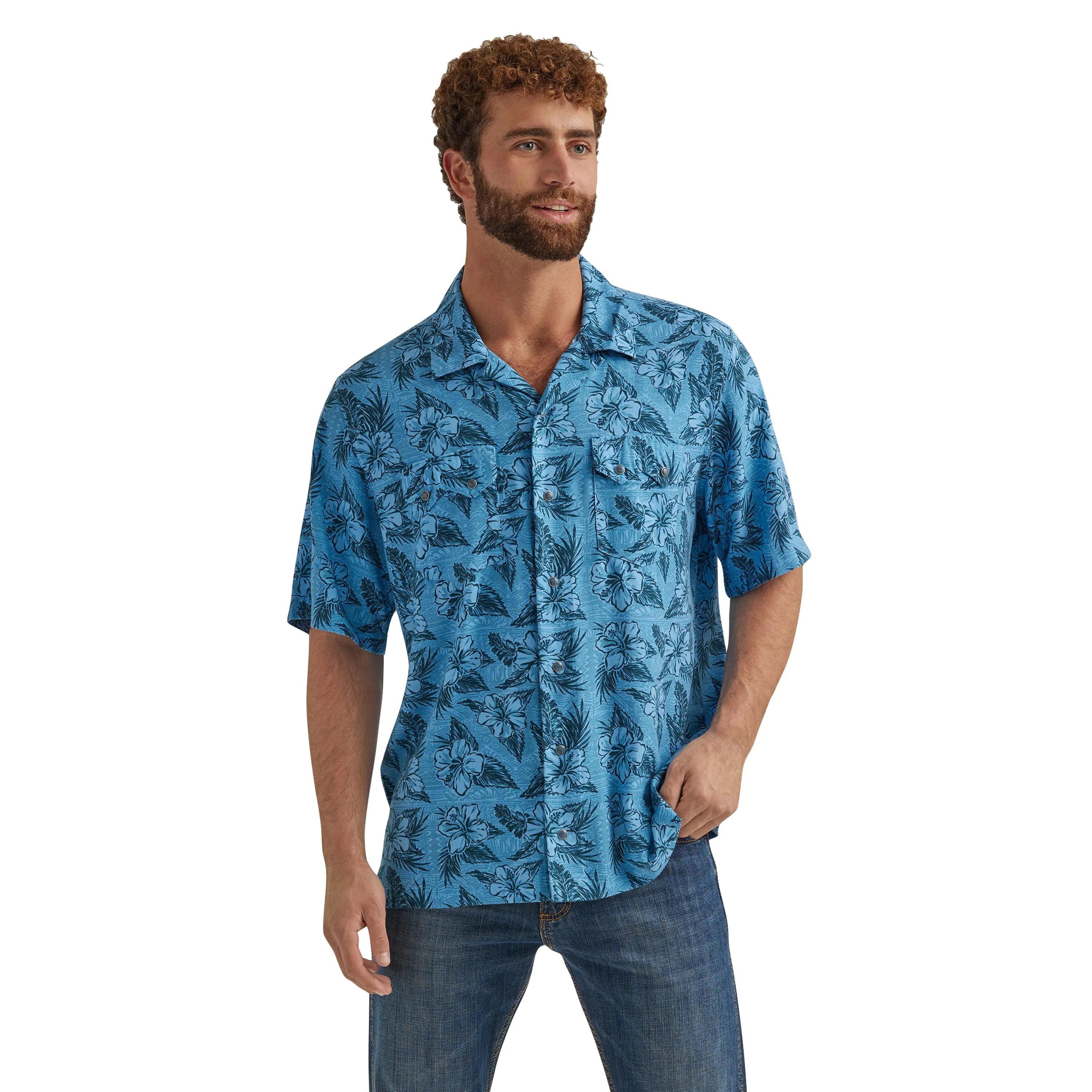 Wrangler Coconut Cowboy Blue Tropics Print Short Sleeve Snap Camp Shirt